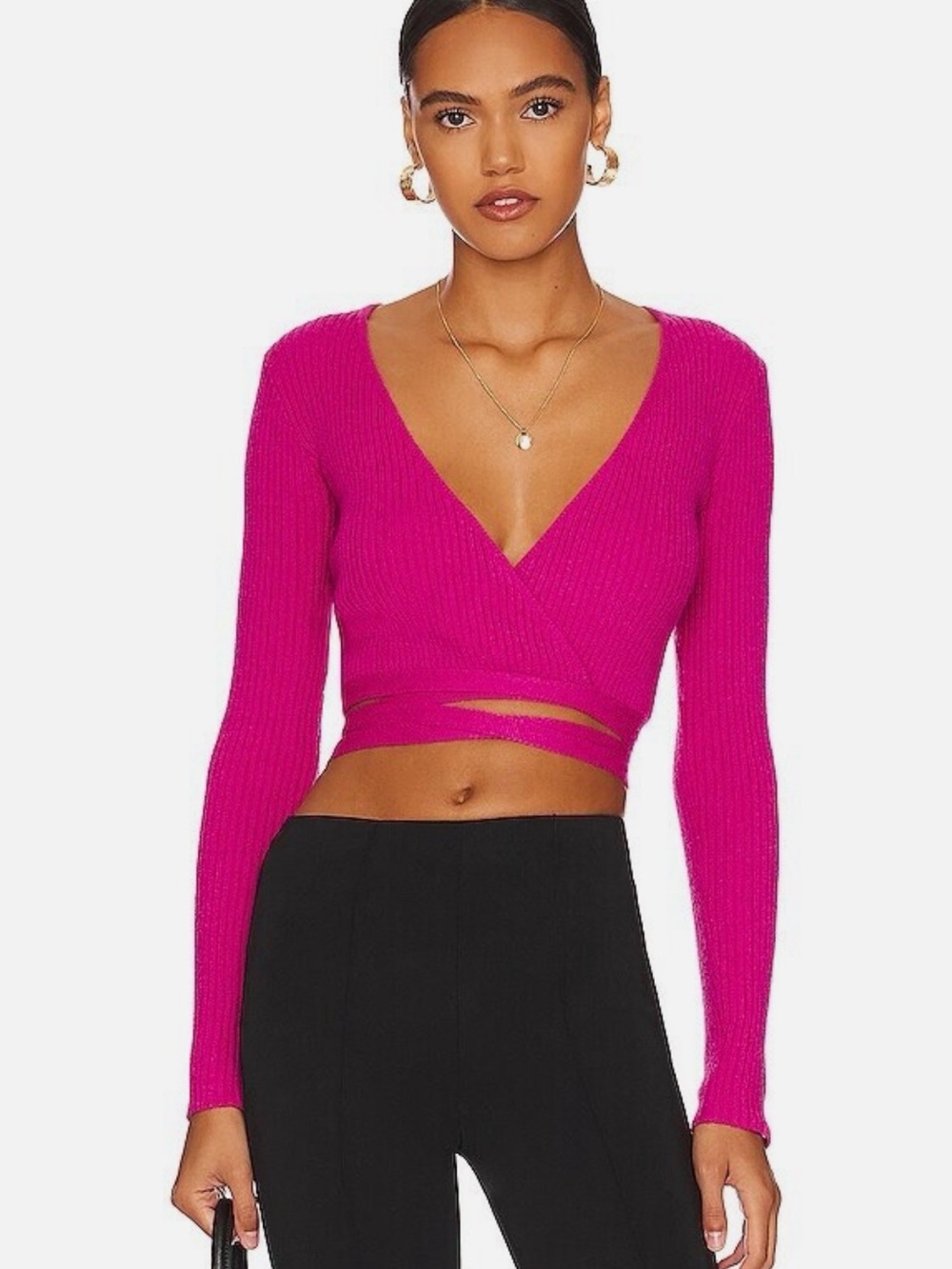 Women's Fuchsia Wrap Ribbed Crop Top - Long Sleeve V-Neck